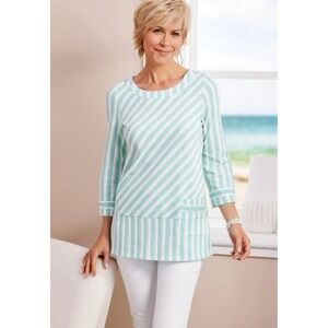 Soft Surroundings Size-L Glorieta Top Blouse 3/4 Sleeve Cuff Stripe Aqua Core Ni